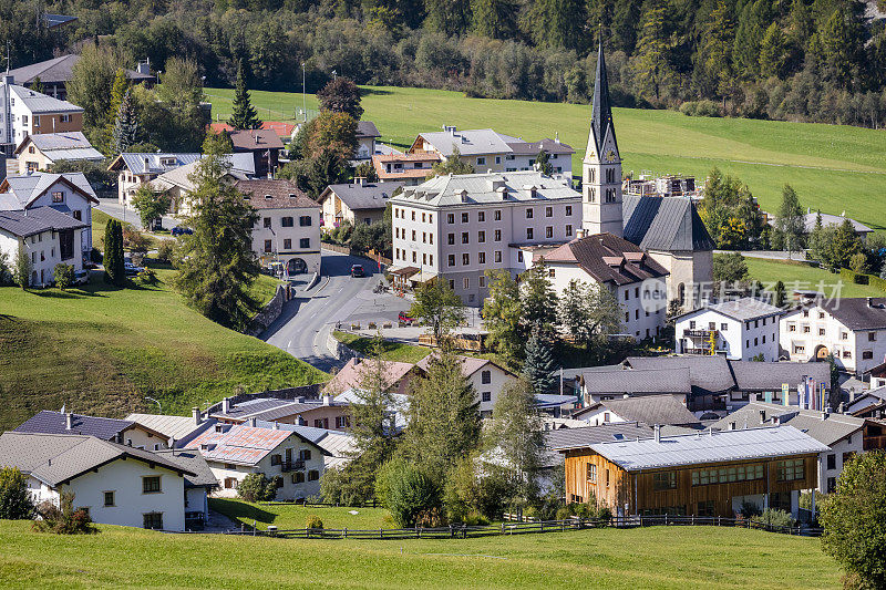 Santa Maria Val Müstair village, Alpine Landscape in Inn Valley, Graubunden, Swiss Alps